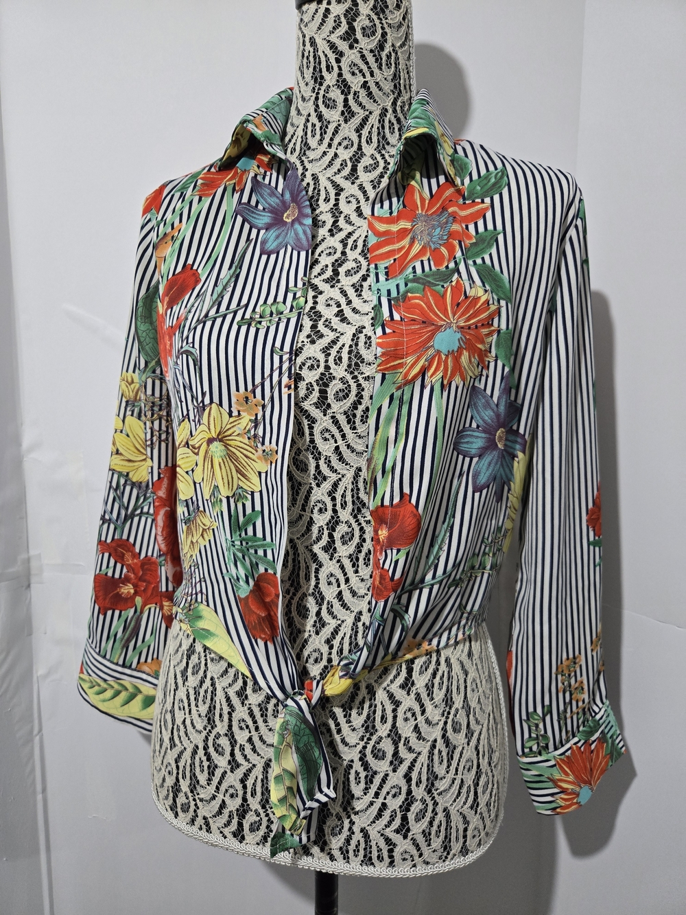Floral Stripe Tie-Front Women's Blouse - Multi